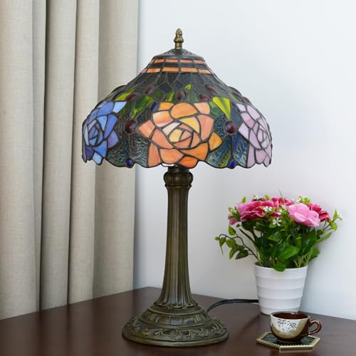 Tiffany Table Lamp Stained Glass Lamp Antique Nightstand Bedside Accent Desk Light for Bedroom Living Room Home Office Light +LED Bulb