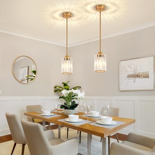 2 Pack Brushed Gold Pendant Light Fixtures Modern Crystal Kitchen Lighting (2 Count)