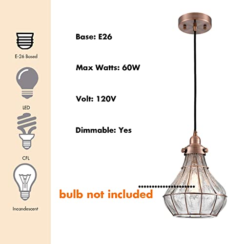 Vintage Pendant Light Red Copper Crack Glass Shade Wire Cage