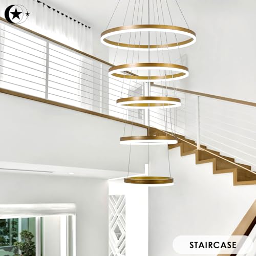 5 Rings Modern LED Chandelier Gold Dimmable High Ceiling Chandelier for Dining Room with Remote Control for Foyer Living Room Entryway Staircase