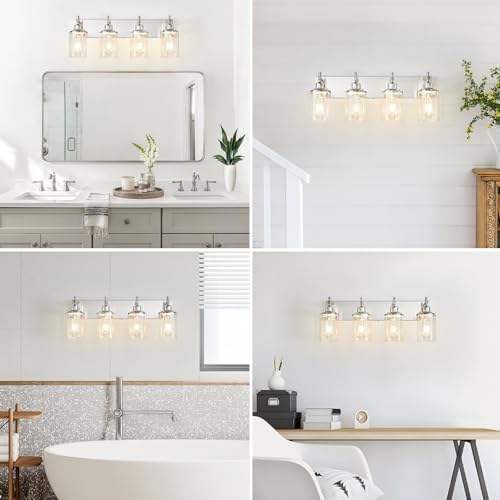 4 Light Brushed Nickel Bathroom Light Fixture Over Mirror Modern Bathroom Vanity Light Vintage Wall Lighting with Clear Glass Shade for Bathroom