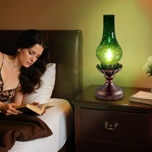 Vintage Table Lamp with Green Crackle Glass Shade