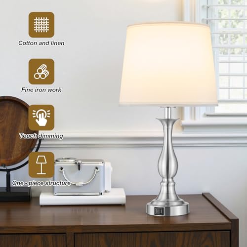 Bedside Table Lamp Touch Control Bedroom Lamps with USB A + C Charging Port 3 Way Dimmable Touch Lamps for Nightstand Living Room Bedroom Dorm Home Office Reading (2 Count)