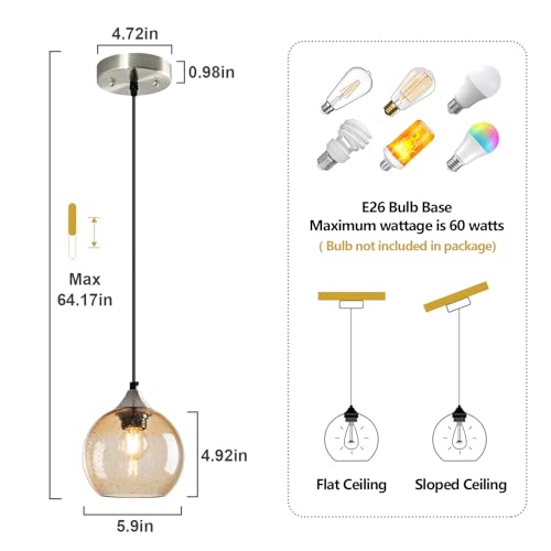 Light Brown Glass Pendant Lights Kitchen Island Globe Pendant Light Fixtures Modern Pendant Lighting for Bedroom Living Dining Room Light Fixture (2 Count)