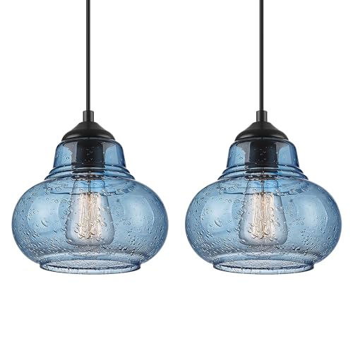 2 Pack Bubble Glass Pendant Lights 8 inch Modern Blue Hand Blown Globe Glass Pendant Lighting Hanging Light fixtures for Kitchen Island Dining Room Bar Bedroom Living Room (2 Count)