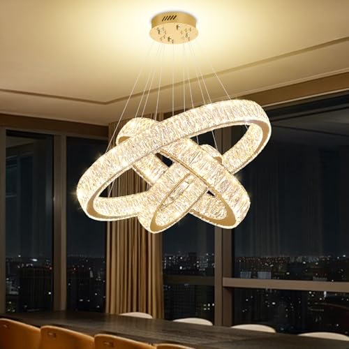 Modern Led Gold Ring Chandelier Luxury 3 Ring Crystal Chandelier Led Dimmable Light for Dining Room Height Adjustable Led Pendant Light 32''+24''+16''