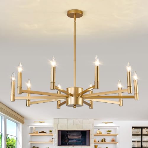 10 Light Gold Candle Chandeliers Modern Farmhouse Ceiling Light Fixture Industrial Lighting for Dining Room Living Room Bedroom Kitchen