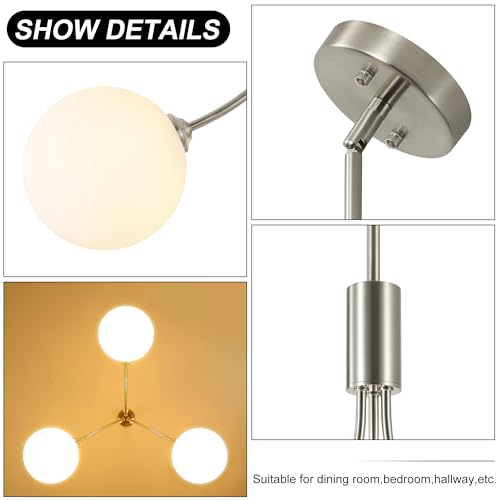 3 Light Brushed Nickel Chandelier Milk Globe Glass Pendant Lights Kitchen Island