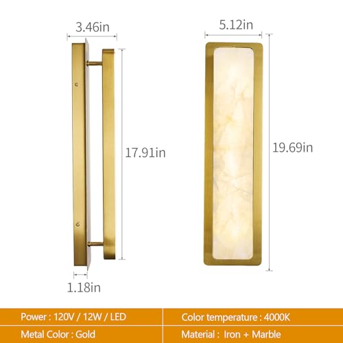 Alabaster Wall Sconces Set of Two Modern LED Wall Lights Natural Spanish Marble 20" Rectangular Wall Sconce Gold Wall Lamps for Bedroom Living Room Hallway Staircase