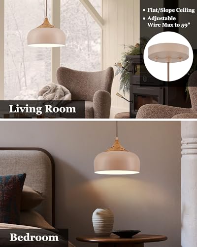 12 Inch Modern Japandi Pendant Light for Kitchen Island Farmhouse Hanging Lamp with Faux Pine Wood Grain Metal Shade