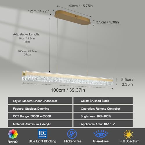 Modern LED Linear Pendant Light 47.24in Dimmable Kitchen Island Lighting Ceiling Hanging Luxury Modern Chandelier for Dining Room Office