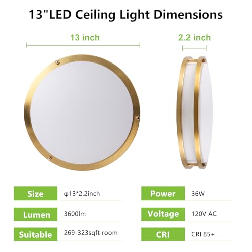 13inch LED Flush Mount Ceiling Light Fixture Dimmable Gold (2 Count)
