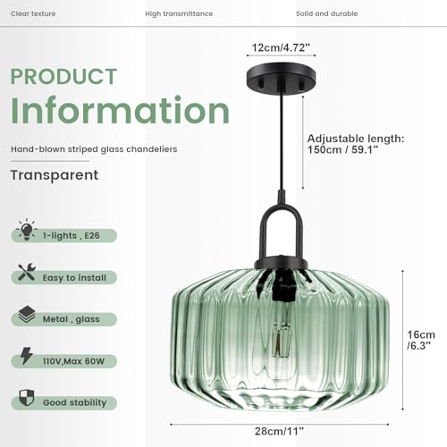Modern Hanging Lights Light Green Pendant Light Fixtures Mid Century Large Glass Pendant Lights 11" Striped Glass Shade Black Schoolhouse Ceiling Light Fixture Kitchen Hanging Lamp