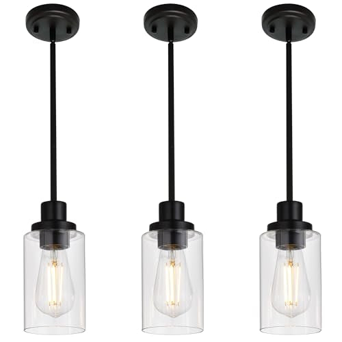 Kitchen Island Pendant Lighting 3 Pack Black with Clear Glass (3 Count)