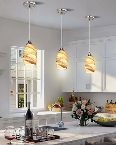 Mini Pendant Lights Kitchen Island Light Brown Glass Lamp Shade Hand Blown Glass Pendant Light with Brush Nickel Finish Adjustable Cord for Kitchen Over Sink (3 Count)