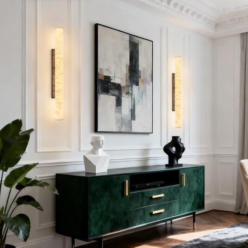 Natural Alabaster Wall Sconces Set of Two Spanish Marble Wall Light Cylinder Modern Black LED Sconce for Living Room Bedroom Bathroo Stairs（L (2 Count)