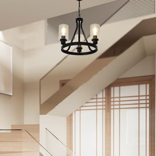 Black Farmhouse Chandelier Lighting Round 3 Lights with Glass Shade Ceiling Hanging Vintage Rustic Light Fixture for Dining Room Living Room Foyer Porch Kitchen Island