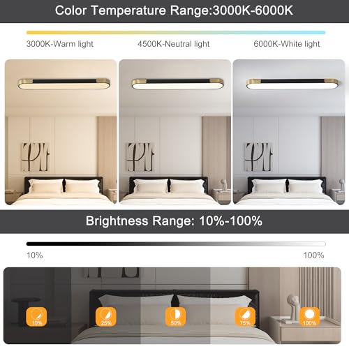 4.59FT LED Flush Mount Kitchen Light Fixtures 65W Dimmable Flush Mount Ceiling Light Fixture Black and Gold Led Ceiling Light Linear LED Ceiling Lamp for Laundry Shop Garage Office