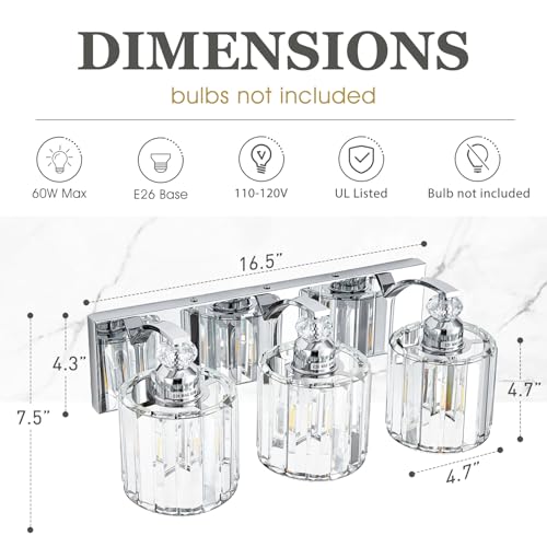 3 Light Modern Bathroom Light Fixture Chrome Vanity Lights Over Mirror Wall Sconce Lighting with K9 Crystal Shades Bathroom Wall Lamp E26 Base for Bedroom