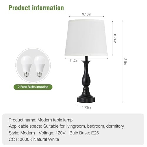 Bedside Table Lamp Touch Control Bedroom Lamps with USB A + C Charging Port 3 Way Dimmable Touch Lamps for Nightstand Living Room Bedroom Dorm Home Office Reading (2 Count)