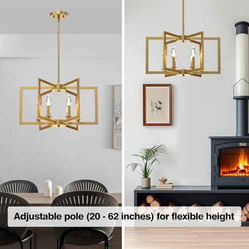 Modern Gold Chandelier, 6-Light Geometric Dining Room Light Fixture, Industrial Pendant Lights Kitchen Island, Hanging Metal Farmhouse Chandelier for Bedroom, Entryway, Foyer, Kitchen, Living Room