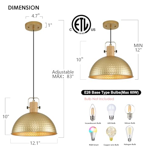 12 Inch Gold Pendant Lights Hammered Matte Pendant Lights for Kitchen Island Industrial Farmhouse Adjustable Height Dome Hanging Light Fixtures for Barn (3 Count)