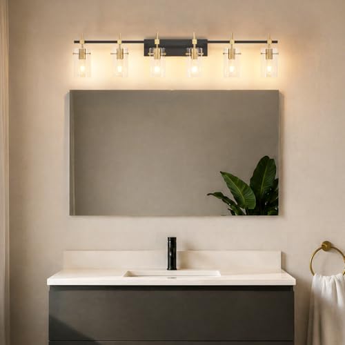 49.2 inch Vanity Light fixtures Vintage 6 Lights Wall Light Fixtures Above Mirror for Bathroom Brass and Black with Clear Glass Shade