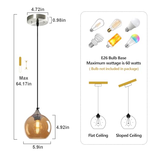 Amber Glass Pendant Lights Kitchen Island Globe Pendant Light Fixtures Modern Pendant Lighting for Bedroom Living Dining Room Light Fixture (3 Count)