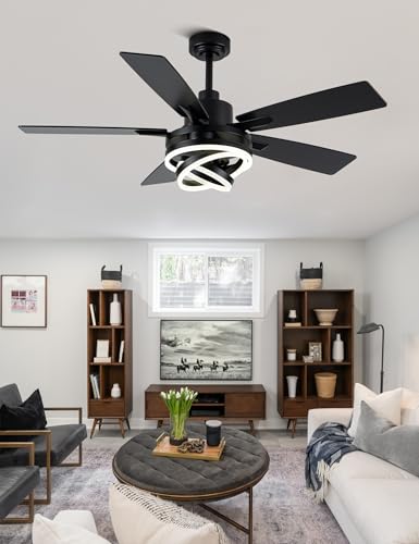 52 Inch Black Modern Ceiling Fans with Lights Chandelier Fan