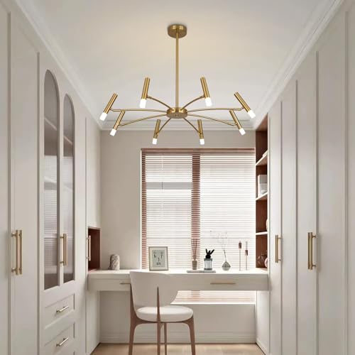 Lighting Contemporary 8 Lights LED Chandeliers Brushed Brass Living Room Light Fixture Gold Sputnik Flush Mount Ceiling Light Fixture Small Modern Ceiling Lamp for Bedroom