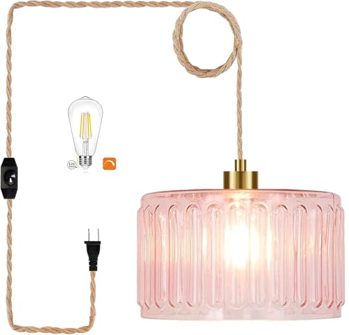 Pink Plug in Pendant Light Glass Hanging Lights with Plug in Cord Boho Hanging Lamp Gold Mid Century Modern Vintage Dimmable Flower Plug in Chandelier Ceiling Fixture for Living Room