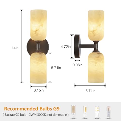 Natural Alabaster Wall Sconces Set of Two Modern Black Wall Lamp14in Milky White Alabaster Vanity Wall Lighting for Bedroom Bathroom Staircases Hallway（Included G9 Bulb） (2 Count)