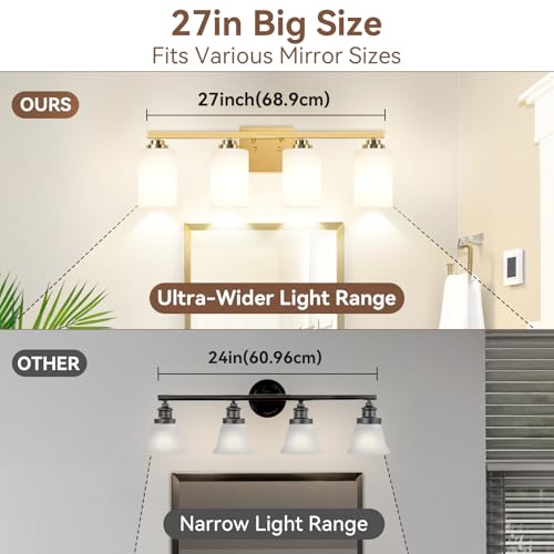 4 Light Gold Bathroom Light Fixtures Over Mirror 27 Inches