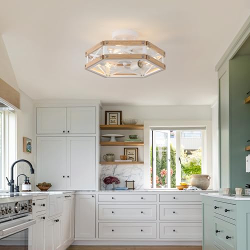 3 Light Modern Farmhouse Wood Flush Mount Ceiling Light Fixture 14.5 inch Vintage Natural Wood and Metal Cage Semi Flush Mount Ceiling Light for Hallway Entry Bedroom Farmhouse