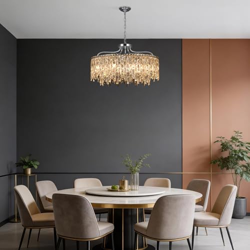 10 Lights Chrome Round Crystal Chandeliers for Dining Room 28"
