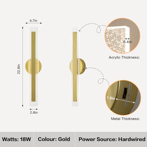 LED Wall Sconce Light Gold Wall Sconces Hardwired Wall Mounted Lamps for Living Room Bedroom Bedside Bathroom Hallway 22.8"