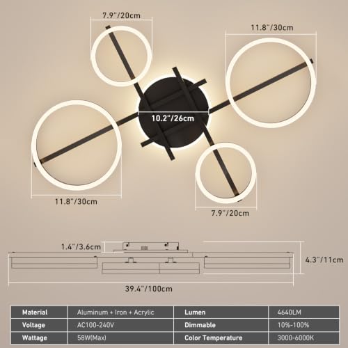 39.4" 5 Ring LED Dimmable Modern Ceiling Light Fixture (Black)