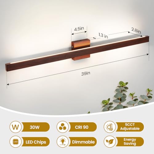 39 Inch Vanity Light for Bathroom 30W Dimmable 5CCT LED Bathroom Light Over Mirror with Up & Down Lighting Brown Wood Finish Vanity Lighting Fixture Bar for Restroom Mirror Cabinet