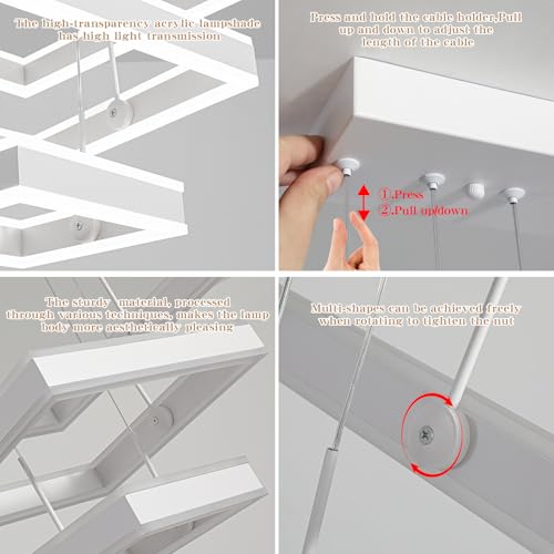 Modern LED Chandeliers White Square Rings Pendant Light Fixture with Hanging Cord Flush Mount Square Modern Chandeliers for Kitchen Island Dining Room