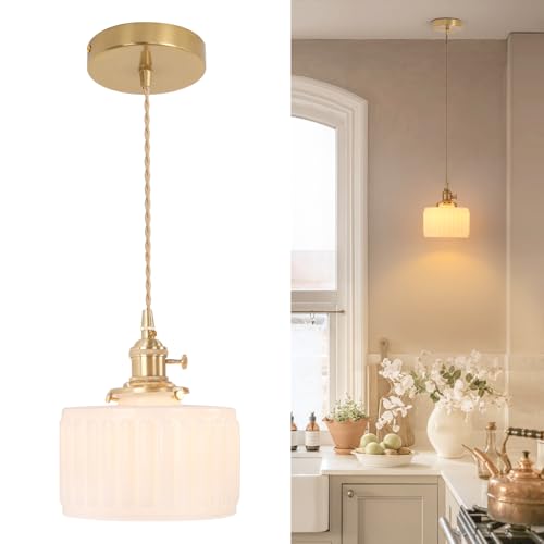 Pendant Light with White Striped Glass Lmapshade