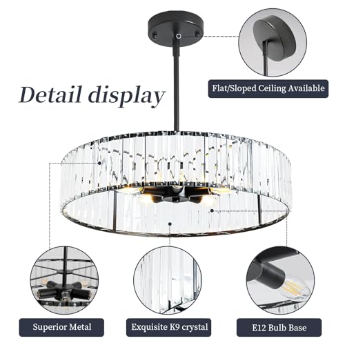 Adjustable Height Modern Black Crystal Chandelier 20 Inch (Black / 20 in)