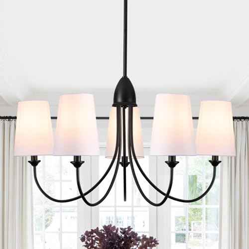 Black Chandelier,5-Light Vintage Farmhouse Chandeliers for Dining Room with White Fabric Shade,30" Modern Industral Chandelier Light Fixture for Bedroom Foyer Porch Living Room Kitchen entryway