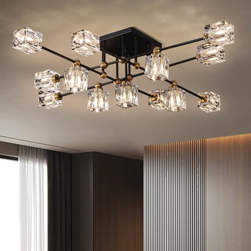 13 Light Crystal Ceiling Light Fixture Semi Flush Mount Ceiling Light Fixture Modern Black and Gold Sputnik Chandeliers for Dining Room Living Room Kitchen Island Hallway Bedroom
