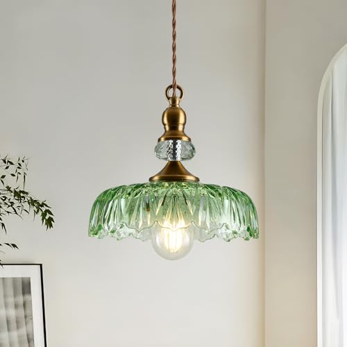 Vintage Glass Pendant Light Fixture Green Adjustable Chandelier Modern Gold Hanging Ceiling Light for Farmhouse Dining Room Living Room Bedroom Entryway Kitchen Island
