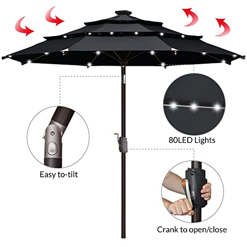 USA 10-Year-Non-Fading 9ft 3-Tier Market Patio Umbrella, Commercial Table Umbrella with 80 Solar LED Lights, Crank Open, Windproof & UPF 50+ UV Protection for Garden, Deck, Pool, Backyard, Black