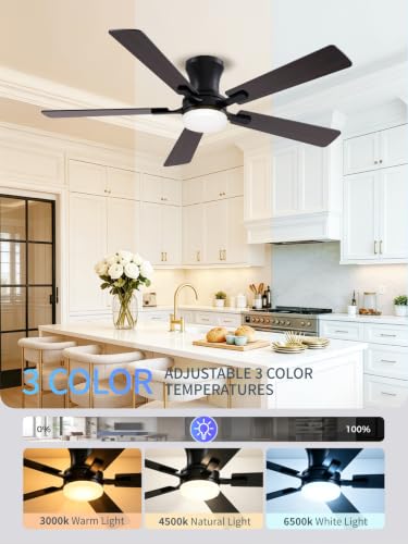 52 Inch Black Low Profile Ceiling Fan with Light and Remote (Black / 52 Inch)
