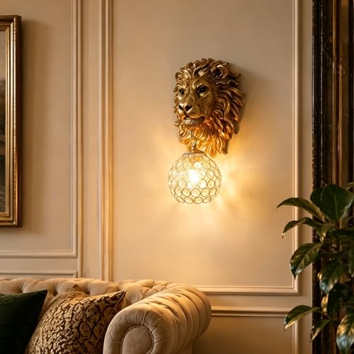 Crystal Wall Sconces Wireless Gold Lion Head Light for Bedroom