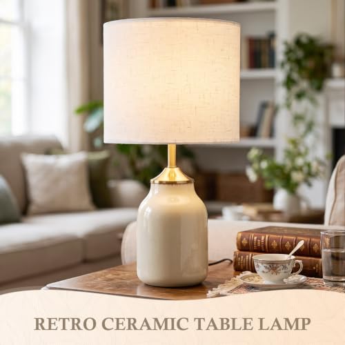 Set of 2 21" Beige Ceramic Table Lamps with Linen Shades (2 Count)