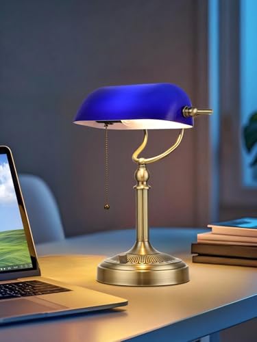 Blue Stepless Dimmable Glass Bankers Desk Lamp