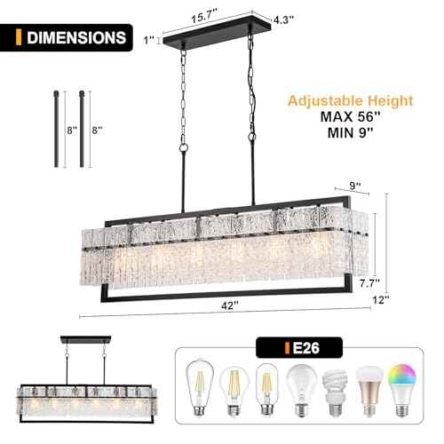 6-Light Black Linear Chandeliers for Dining Room, 42 Inch | Water Ripple Glass, Height Adjustable, E26 Base, Large Black Rectangle Kitchen Island Lighting for Living Room Over Table